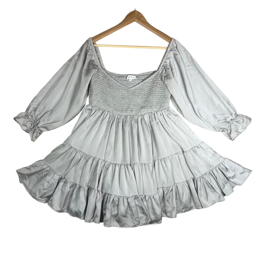Anthropologie Mable Silver Gray Smocked Tiered Ruffle Mini Dress Long Sleeve M